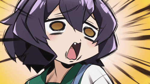 a cartoon of a girl with purple hair and a surprised look on her face