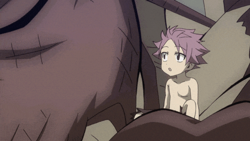 a naked anime character with purple hair is looking up