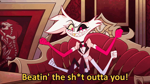 a cartoon character is sitting on a couch with the words beatin ' the sh * t outta you