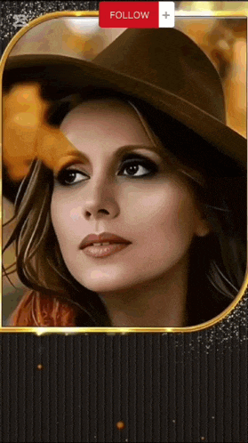 a woman wearing a hat has a follow button on the bottom right