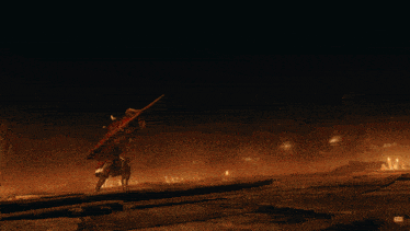 a video game character with horns and a sword stands in a dark room
