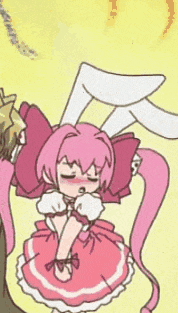 a cartoon of a girl in a pink dress and white socks standing next to a man .