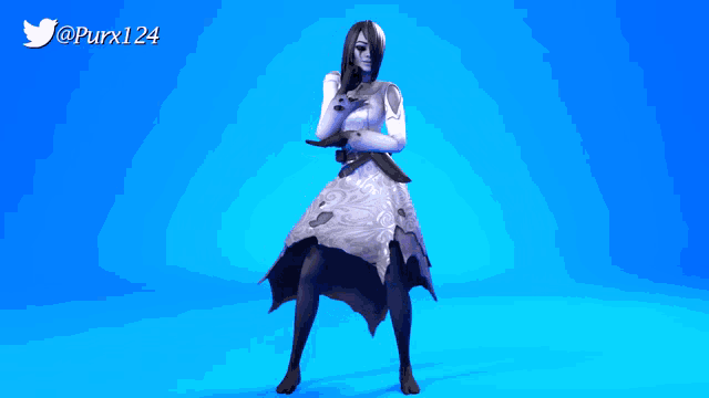 a woman in a white dress is standing in front of a blue background with purx124 written on it