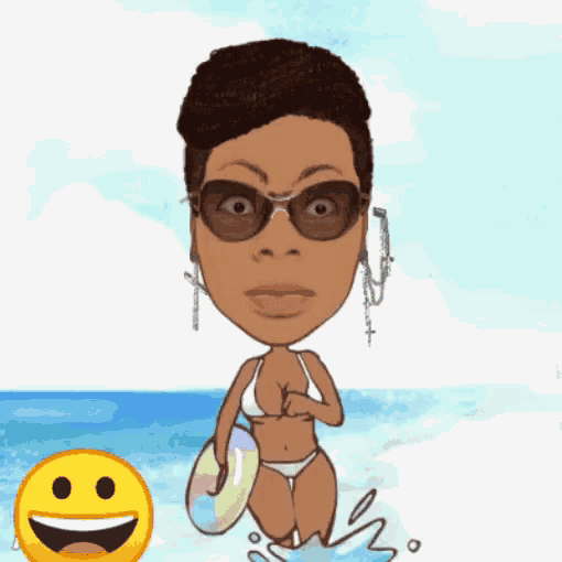 a cartoon of a woman in a bikini on the beach