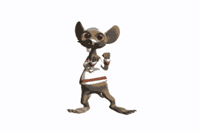 a cartoon mouse wearing a white shirt with red and yellow stripes on the sleeves