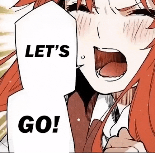 a girl with red hair is screaming with the words let 's go