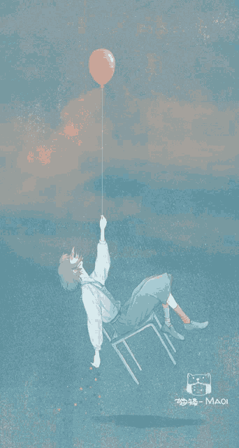a drawing of a person sitting on a chair holding a red balloon with maoi written on the bottom