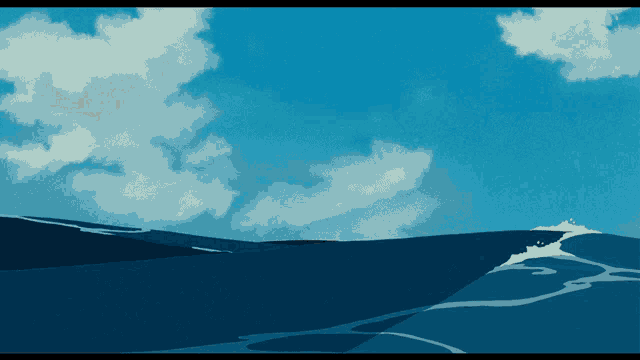 a blue sky with white clouds behind a body of water
