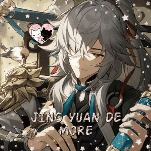 a drawing of a man with long hair and the words jing yuan de more on the bottom