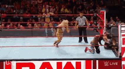 a wrestling match is being held in a ring with a referee .