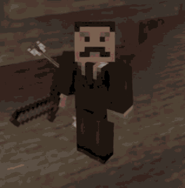 a minecraft character is holding a chainsaw and has an angry face on his face