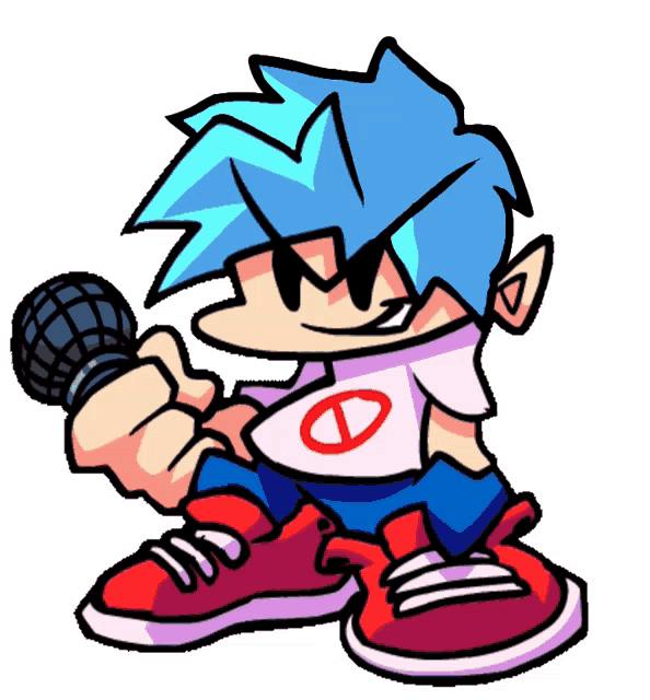 a cartoon character is holding a microphone and wearing a white shirt with a red circle on it .