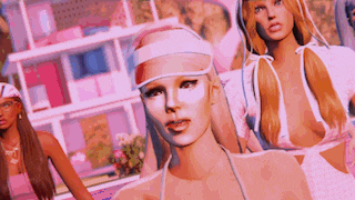 a group of barbie dolls are standing in front of a doll house