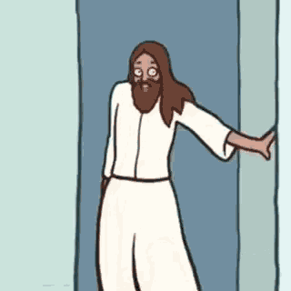 a cartoon of jesus with long hair and a beard standing in a doorway