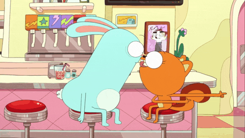 a cartoon rabbit and a squirrel are sitting at a diner counter