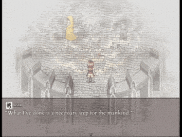 a screenshot of a video game with the words " what i 've done is a necessary step for the mankind " visible