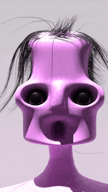 a cartoon drawing of a purple face with black hair