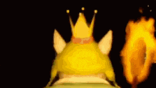 a frog with a crown on his head is holding a torch in a dark tunnel .