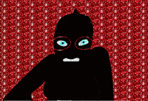 a silhouette of a person wearing glasses with blue eyes on a red background