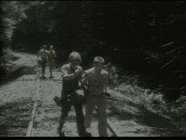 a group of children are walking on train tracks in the woods