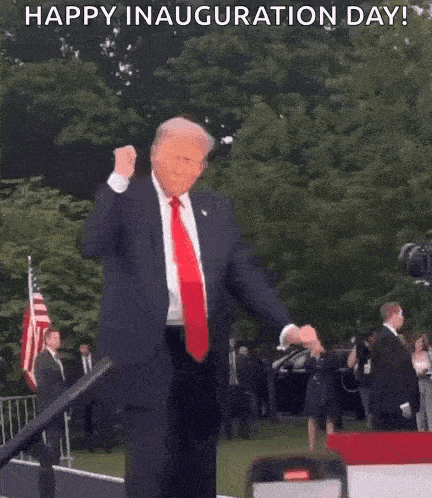 donald trump is dancing in front of a crowd on inauguration day