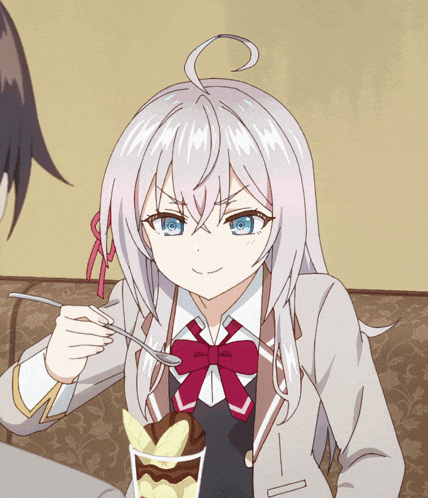 a girl with white hair and blue eyes is eating a dessert