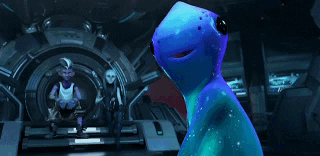 a blue cartoon character is standing in a room with two other cartoon characters
