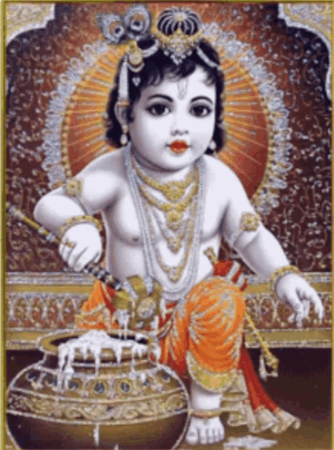 a painting of a baby krishna sitting next to a pot