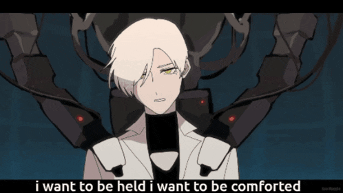 a drawing of a man with the words " i want to be held i want to be comforted " below him