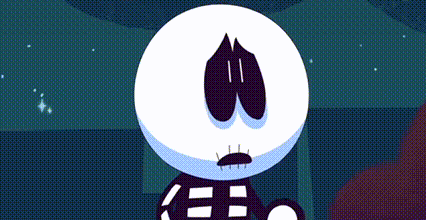 a cartoon character with a sad look on his face is standing in front of a blue background .