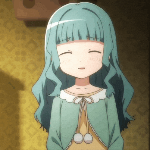 a girl with blue hair is smiling with her eyes closed and wearing a green jacket