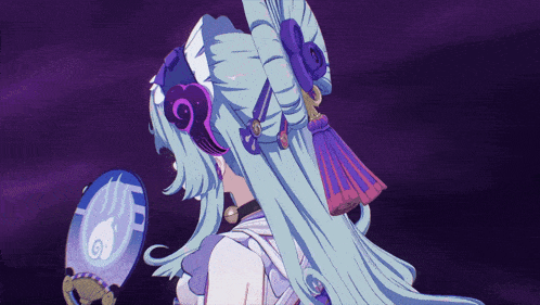 a girl with long blue hair is looking at herself in the mirror