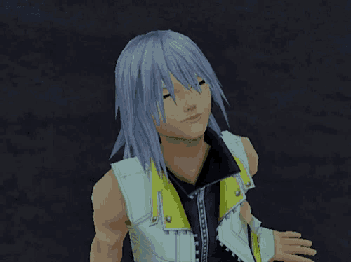 a cartoon character with gray hair and a yellow vest is smiling