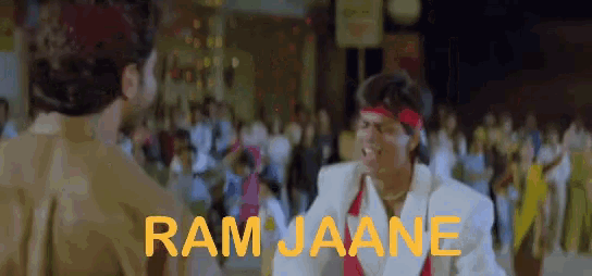 a man in a white suit stands in front of a crowd with the words ram jaane written in yellow
