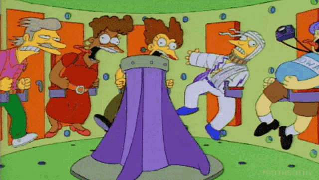 a group of cartoon characters are in a room and one of them is wearing a shirt that says dna