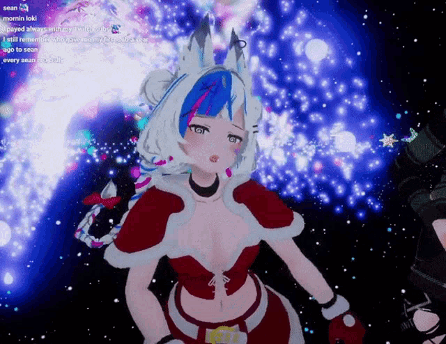 a screenshot of a video game shows a woman in a santa outfit
