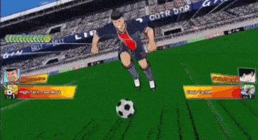 a soccer player is kicking a ball in front of a stadium with a banner that says cotr dor
