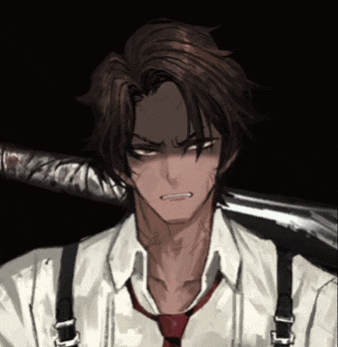 a man with suspenders and a red tie looks angry