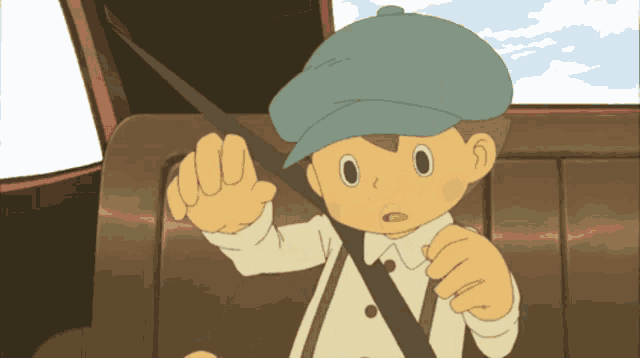 a boy wearing a blue hat and suspenders is holding a seat belt