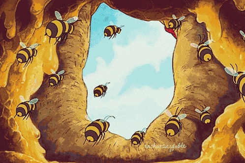 a group of bees flying around a hole in a tree