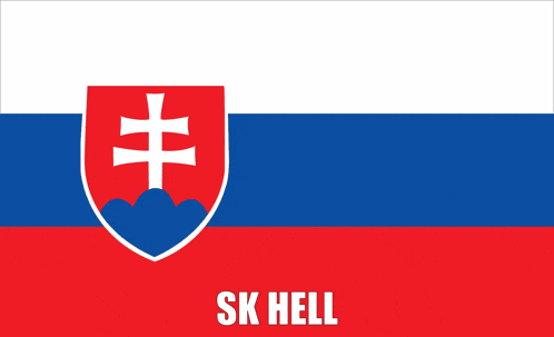 a red white and blue flag with a shield and the word sk hell on the bottom