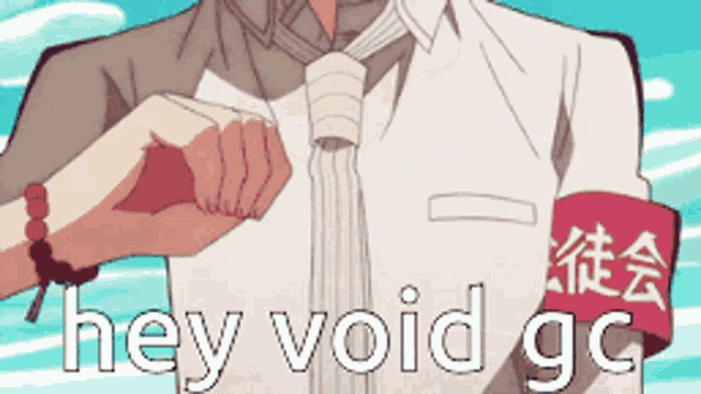 a man in a white shirt and tie is holding a piece of paper and says hey void gc
