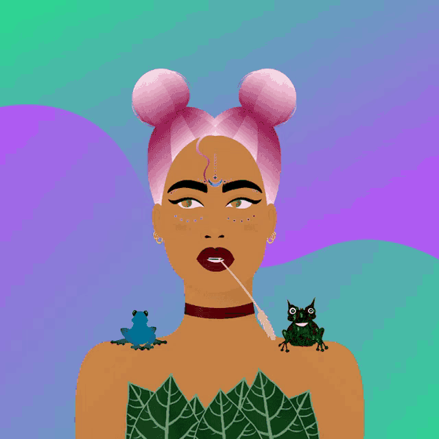 a woman with pink hair has frogs on her shoulder