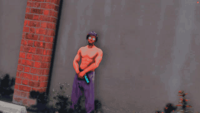 a shirtless man in purple pants is holding a gun in front of a brick wall