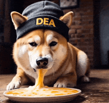 a dog wearing a beanie that says dea is eating cheese