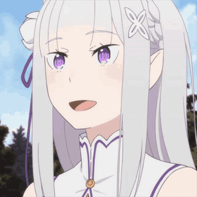 a girl with white hair and purple eyes has a butterfly in her hair
