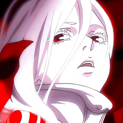 a close up of a white anime character with red eyes