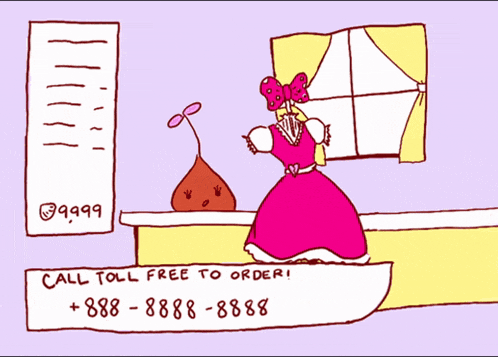 a cartoon of a woman in a pink dress standing in front of a window and a sign that says call toll free to order