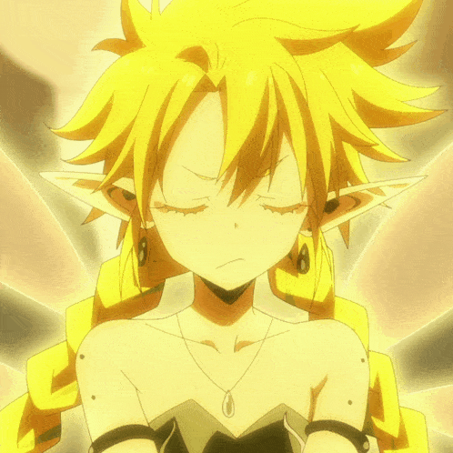 a close up of a yellow haired anime character