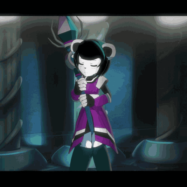 a cartoon character in a purple and black outfit